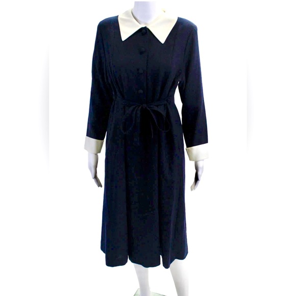 Paco Rabanne Womens Navy Blue Long Sleeve Belted White Collared Elegant Dress M - Picture 1 of 2